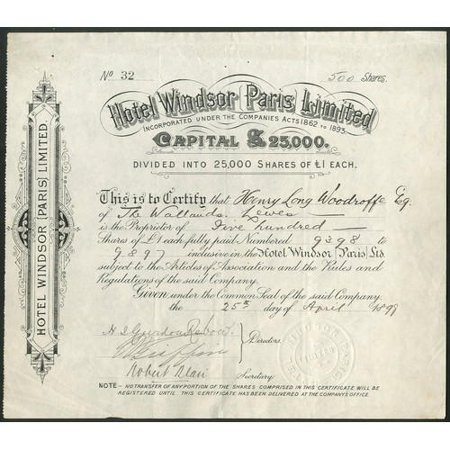 268 - France: Hotel Windsor (Paris) Limited, £1 shares, 1[899], #32, black. Registered 1899 to acquire the... 