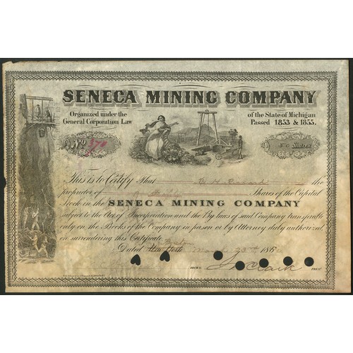 807 - ** U.S.A.: Seneca Mining Company, shares, 186[80], #378, black, cancelled. Copper mine in the Keween... 