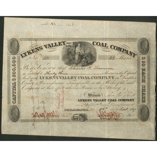 792 - ** U.S.A.: Lykens Valley Coal Company, $50 shares, 18[37], #43, blacksmiths shop in centre, black, i... 