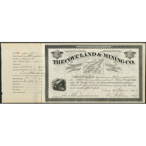 772 - ** U.S.A.: Cove Land & Mining Company, $25 shares, 18[1909], #150, map in centre, miners to left... 