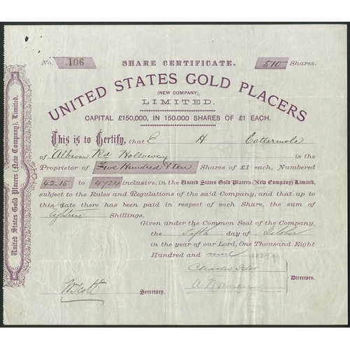 813 - U.S.A.: United States Gold Placers (New Company) Limited, £1 shares, [1889], #106, mauve. Regi... 