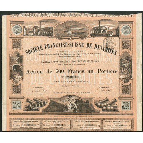 276 - France: Société Française-Suisse de Dynamites, 500 franc share, Paris 1882, #2081, very attractive p... 