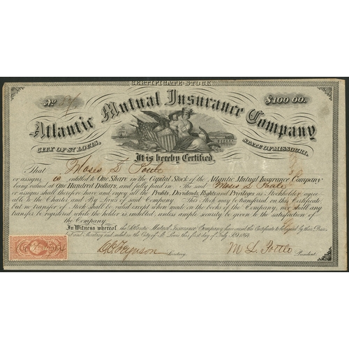 758 - U.S.A.: Atlantic Mutual Insurance Co., Missouri, $100 share, 1864, St. Louis, #87, Liberty and Ameri... 