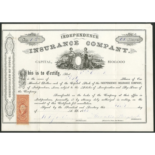 761 - U.S.A.: Independence Insurance Company, Iowa, $100 shares, 18[69], #15, signed by Horatio Bryant as ... 