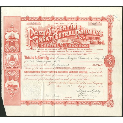 580 - Argentina: Port Argentine Great Central Railways Co. Ltd., £1 ordinary shares, 19[13], #513, large f... 