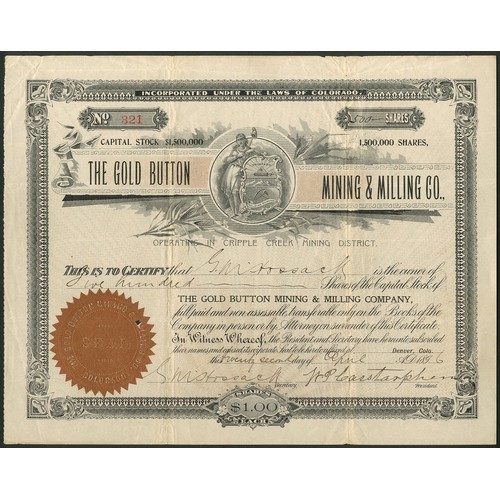 779 - U.S.A.: Gold Button Mining and Milling Company, $1 shares, 189[6], #321, arms in centre, black with ... 