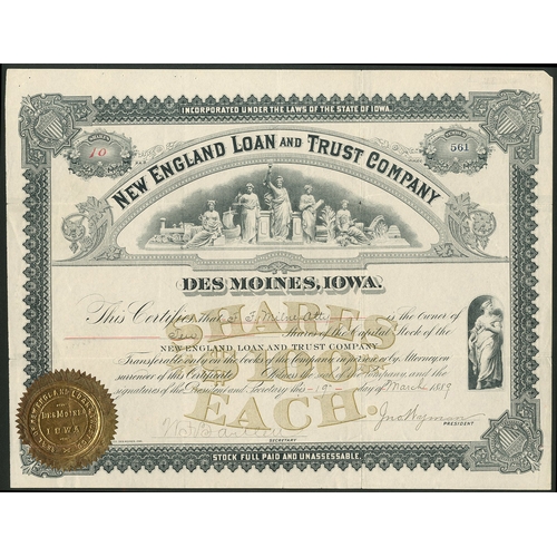 762 - U.S.A.: New England Loan and Trust Company, Des Moines, Iowa, $100 shares, 188[9], #561, classical f... 