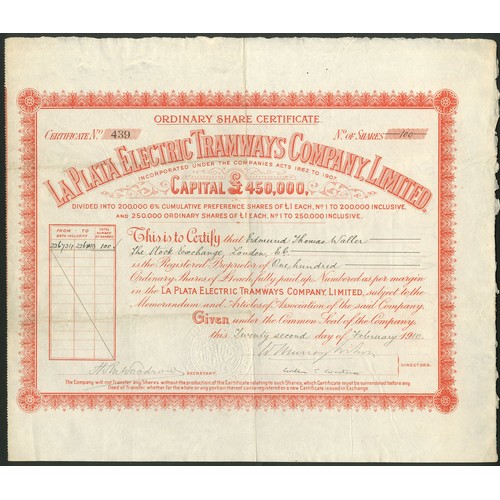 579 - Argentina: La Plata Electric Tramways Company Limited, £1 ordinary shares, 19[10], #439, ornate bord... 