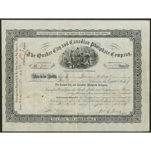 803 - U.S.A.: Quaker City and Canadian Phosphate Co., $50 shares, 18[89], #74, miners at top and ornate bo... 