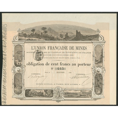 270 - France: L'Union Française de Mines, 500 franc bond, Paris 1881, #445, very attractive piece with num... 