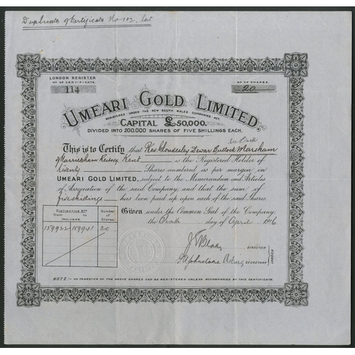 195 - Philippines: Umeari Gold Limited, 5/- shares, 19[16], #114, London register, black on blue-grey pape... 