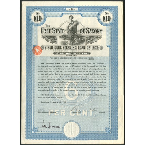 283 - Germany: Free State of Saxony, 1927 6% Loan, bond for £100, #B4844. large format, blue and black, wi... 