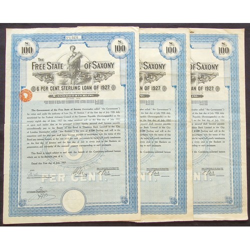 284 - Germany: Free State of Saxony, 1927 6% Loan, a group of 3 bonds for £100, large format, blue and bla... 