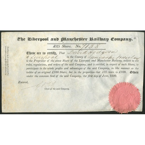 Great Britain: Liverpool and Manchester Railway Company, £25 share, 1829, #7138, black printing, on vellum, pink seal. Incorporated on 5th May 1826. A line designed to shorten transportation times between the cities. It was opened in 1830, and the journey by steam locomotive took 2 hours 54 minutes rather than the 36 hours it had taken by canal. The line became successful for passenger traffic as a result. It was absorbed by the Grand Junction Railway in 1845 and later formed part of the London and North Western Railway. Near EF and rare early date.