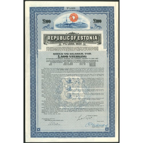 258 - Estonia: Republic of Estonia (Banking and Currency Reform), 7% Loan, 1927, bond for £100, #A0838, la... 