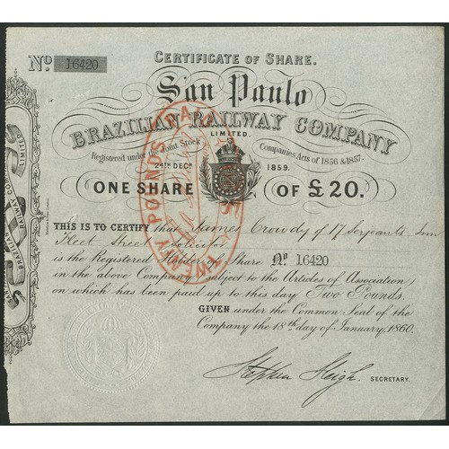 591 - Brazil: San Paulo Brazilian Railway Company, £20 share, 1860, £2 paid, with red overprint of £20 pai... 