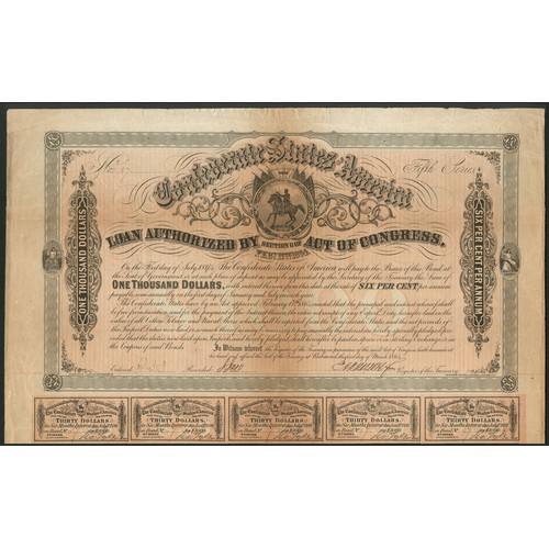 690 - Confederate States: Ball 329. Act of February 17th 1864, 6% Loan, $1000, 5th series, #87, Equestrian... 