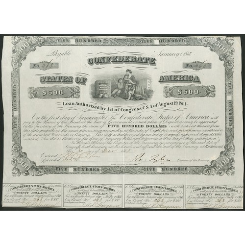 655 - Confederate States: Ball 43. Act of August 19th 1861, 8% Loan, redeemable 1st January 1867, $500, 18... 