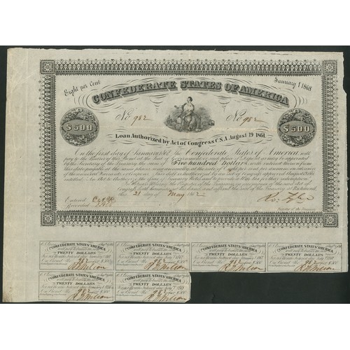 656 - Confederate States: Ball 49. Act of August 19th 1861, 8% Loan, redeemable 1st January 1868, $500, 18... 