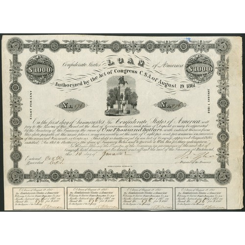 657 - Confederate States: Ball 50. Act of August 19th 1861, 8% Loan, redeemable 1st January 1868, $1000, 1... 