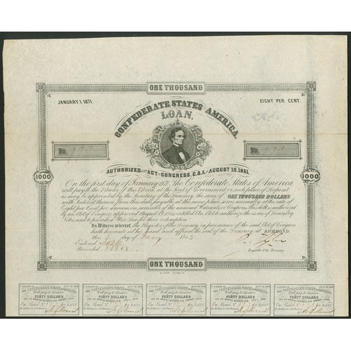 659 - Confederate States: Ball 66. Act of August 19th 1861, 8% Loan, redeemable 1st January 1871, $1000, 1... 