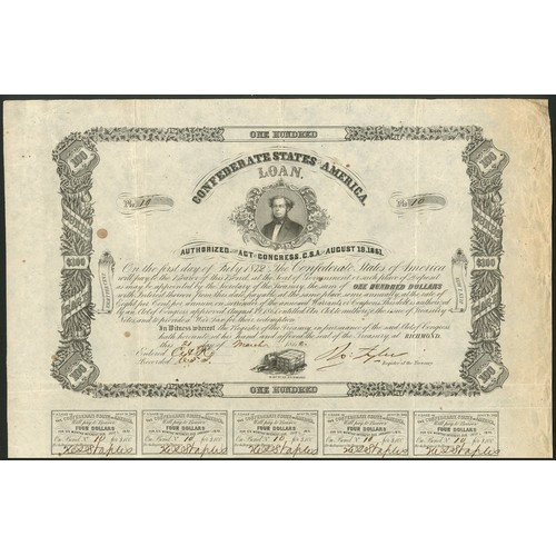 660 - Confederate States: Ball 72. Act of August 19th 1861, 8% Loan, redeemable 1st July 1872, $100, 186[2... 