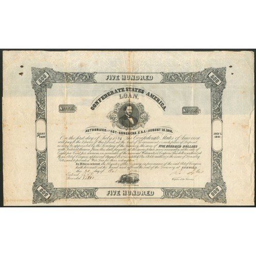 677 - Confederate States: Ball 134. Act of August 19th 1861, 8% Loan, redeemable 1st July 1881, $500, 186[... 