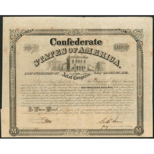 687 - Confederate States: Ball 263. Act of March 23rd 1863, 6% Loan, redeemable 1st April 1893, $1000, 186... 