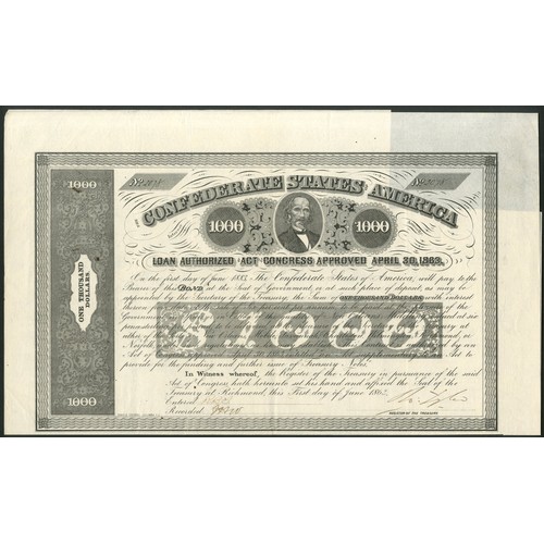 688 - Confederate States: Ball 280. Act of April 30th 1863, 6% Loan, redeemable 1st June 1883, $1000, 1863... 