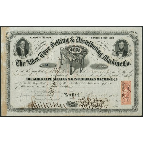 825 - U.S.A.: Alden Type Setting & Distributing Machine Company, $1000 shares, 18[63], #51, vignette o... 