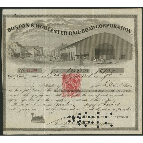 700 - U.S.A.: Boston and Worcester Rail-Road Corporation, $100 shares, 186[7], #12496, huge vignette of ra... 