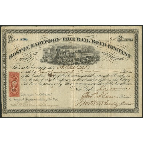 701 - U.S.A.: Boston, Hartford and Erie Rail Road Company, $100 shares, 187[1], #A8204, steam train in cen... 