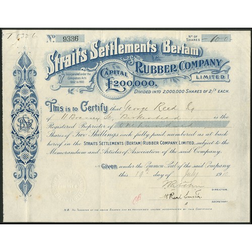 193 - Malaya: Straits Settlements (Bertam) Rubber Company Limited, 2/- shares, 19[10], #9336, blue, togeth... 