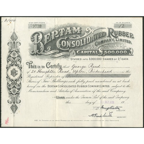 193 - Malaya: Straits Settlements (Bertam) Rubber Company Limited, 2/- shares, 19[10], #9336, blue, togeth... 