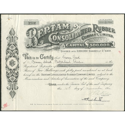 193 - Malaya: Straits Settlements (Bertam) Rubber Company Limited, 2/- shares, 19[10], #9336, blue, togeth... 