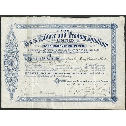 206 - Palestine: Gaza Rubber and Trading Syndicate Limited, pair of certificates for preferred ordinary sh... 