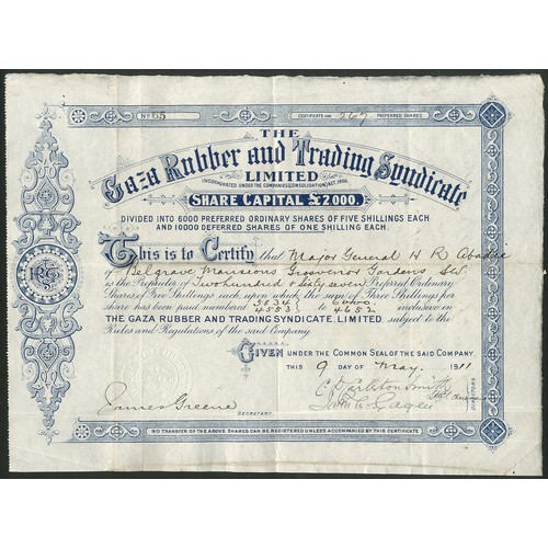 206 - Palestine: Gaza Rubber and Trading Syndicate Limited, pair of certificates for preferred ordinary sh... 