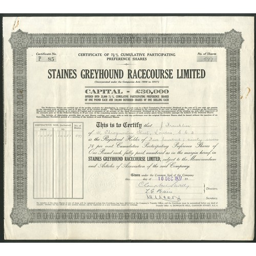 514 - Great Britain: Staines Greyhound Racecourse Limited, pair of certificates, deferred shares, 19[27], ... 