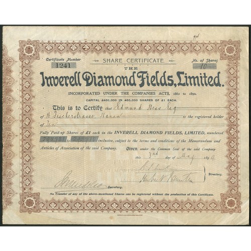 32 - Australia: Inverell Diamond Fields Limited, £1 shares, fully paid, 189[9], #1241, brown, printed by ... 