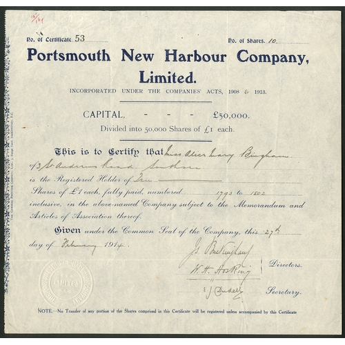 449 - Great Britain: Portsmouth New Harbour Co. Ltd., £1 shares, 191[4], #53, blue. VF and scarce.... 