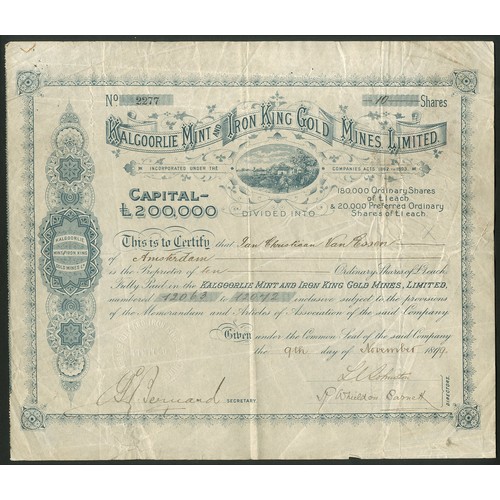 33 - Australia: Kalgoorlie Mint and Iron King Gold Mines Limited, £1 ordinary shares, 189[9], #2277, vign... 