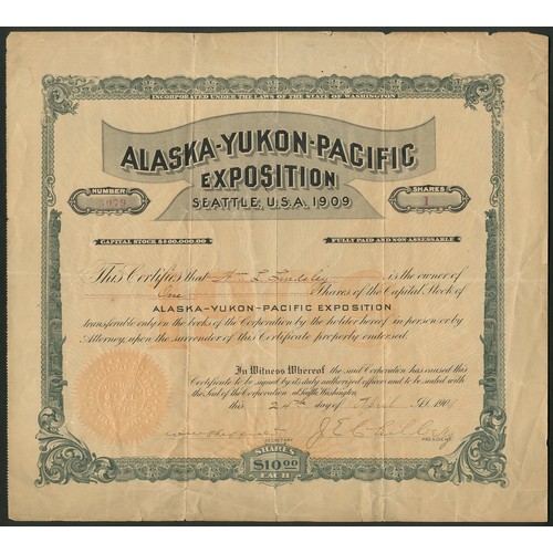 824 - U.S.A.: Alaska-Yukon-Pacific Exposition, $10 shares, 190[9], #3079, green with orange underprint. In... 