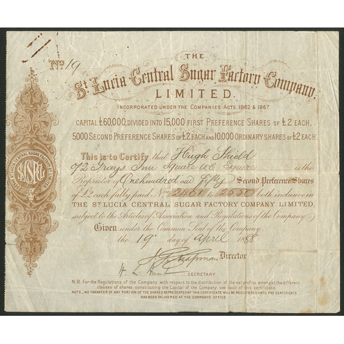 646 - West Indies: St. Lucia Central Sugar Factory Co. Ltd., 2nd Preferred shares, 18[88], #19, brown. Reg... 