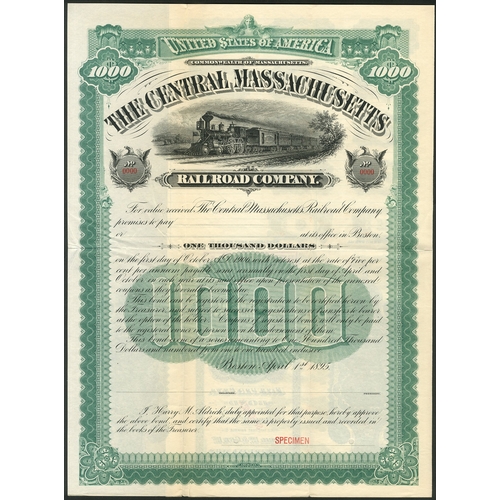 704 - U.S.A.: Central Massachusetts Railroad Company, a specimen $1000 bond, 1895, steam train at top, gre... 