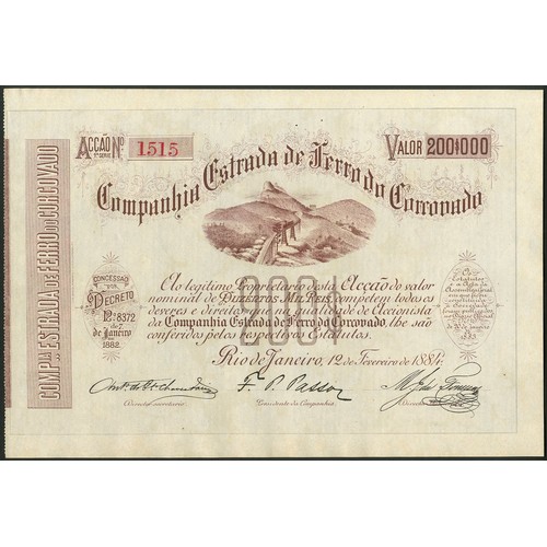 586 - Brazil: Companhia Estrada de Ferro do Corcovado, one share of 200 milreis, 1884, #1515, attractive v... 