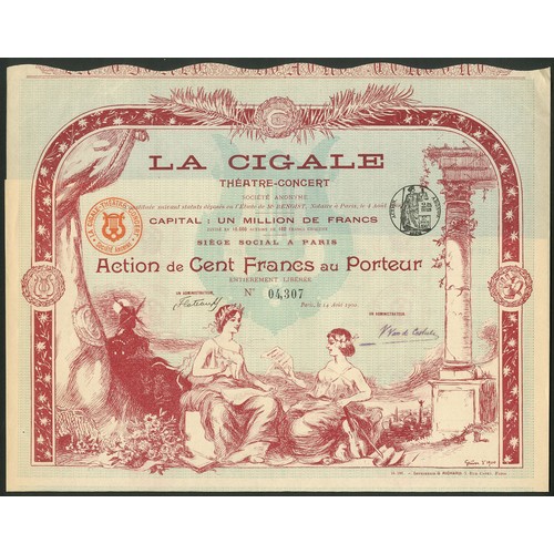 269 - France: La Cigale Théatre-Concert, 100 franc share, 1900, #4307, allegorical females, windmill in ba... 