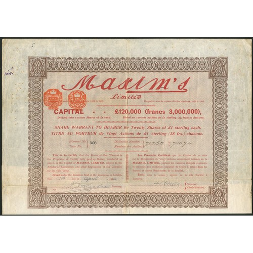 271 - France: Maxim's Limited, certificate for 20 shares of £1, London 190[10], #308, ornate border, red a... 