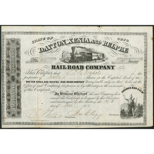 714 - ** U.S.A.: Dayton, Xenia and Belpre Rail Road Co., Ohio, $50 shares, 185[5], #100, steam train at to... 