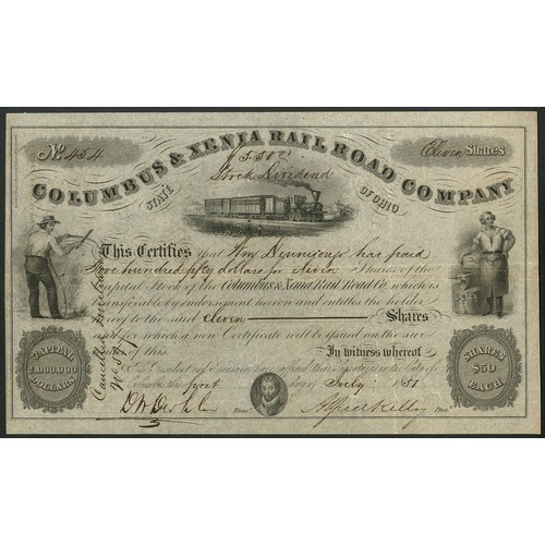 714 - ** U.S.A.: Dayton, Xenia and Belpre Rail Road Co., Ohio, $50 shares, 185[5], #100, steam train at to... 