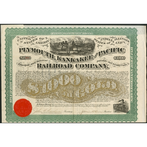 741 - U.S.A.: Plymouth, Kankakee and Pacific Railroad Co., bond for $1000, 1871, #421, train passing throu... 